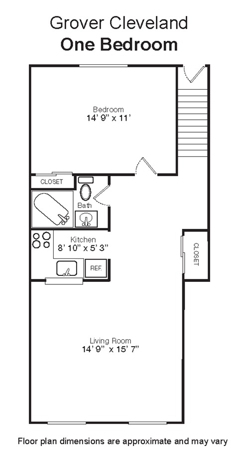 Floor plan for 1 bed, 1 bath